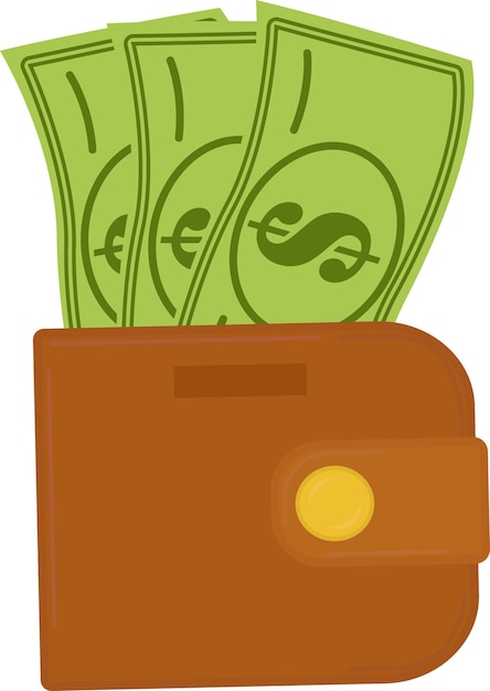 Cartera marrón con billetes de papel. Los billetes de papel están en la billetera. ilustración vectorial