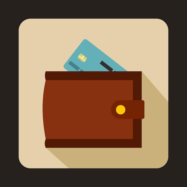 Cartera marrón con tarjeta de crédito e icono de efectivo en estilo plano sobre un fondo beige