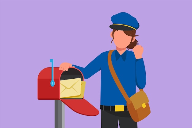 La cartero de dibujo de estilo plano de dibujos animados sostiene un sobre en el buzón de correo con un gesto de celebración con una bolsa de sombrero y un uniforme que trabaja duro para entregar el correo a la dirección de su casa Ilustración de vector de diseño gráfico