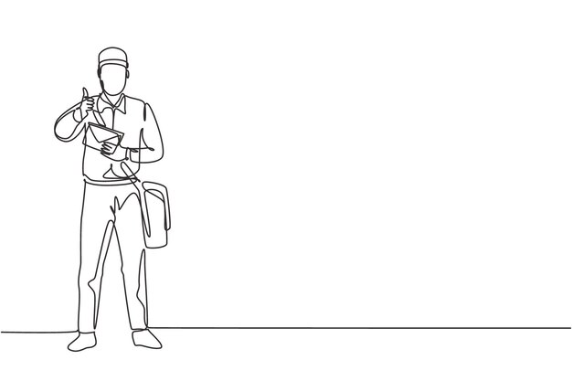 Cartero de dibujo de una sola línea de pie con un uniforme de bolsa de sombrero sosteniendo un sobre y un pulgar hacia arriba