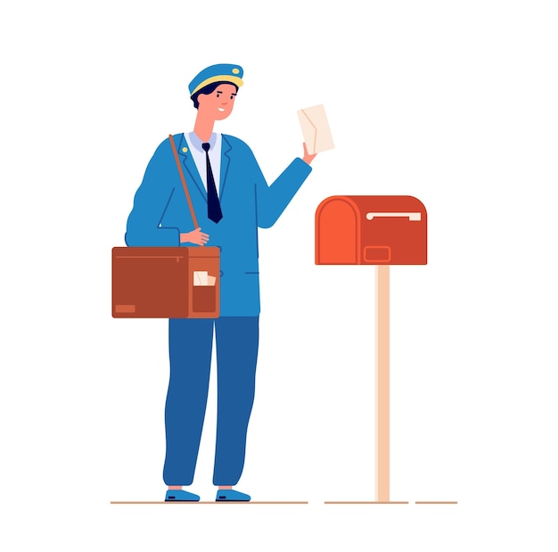 Cartero entregar correo. Servicio de correo, cartero con bolsa entregando carta en buzón. Hombre de uniforme azul con ilustración de vector de sobre. Cartero de correo, mensajería de servicio de entrega