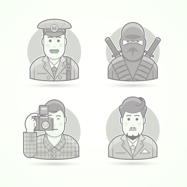 Cartero, guerrero ninja, fotógrafo, iconos de hombre de negocios. conjunto de ilustraciones de retratos de personajes. estilo esbozado en blanco y negro.