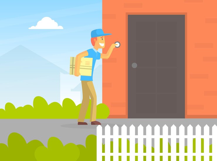 Vector el cartero o el mensajero que entrega el paquete, el repartidor que toca la puerta de la casa, ilustración vectorial
