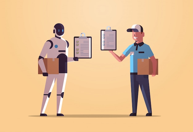 Vector cartero robótico con mensajero hombre sosteniendo cajas de paquetería recibiendo formularios robot vs humano de pie juntos servicio de entrega concepto de tecnología de inteligencia artificial plano horizontal de longitud completa