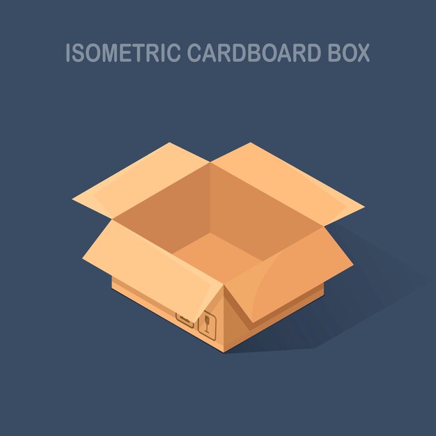 cartón abierto isométrico, caja de cartón en el fondo. Paquete de transporte en tienda, distribución.