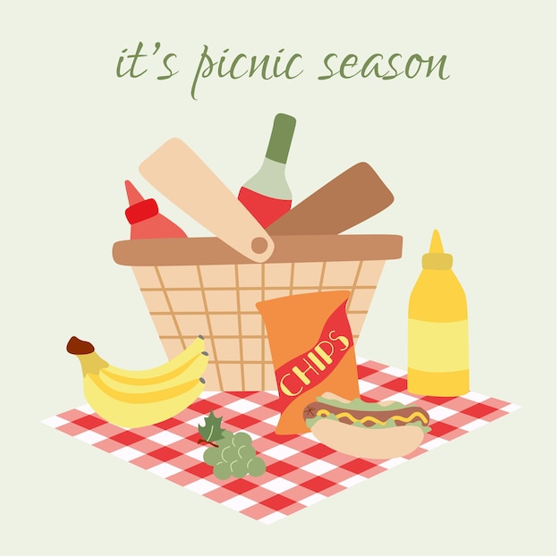 Cartón animado picnic de verano en el parque poster vectorial plano con canasta frutas a cuadros comida rápida vino y salsa fondo con lugar para texto vista delantera ilustración de diseño para cartel