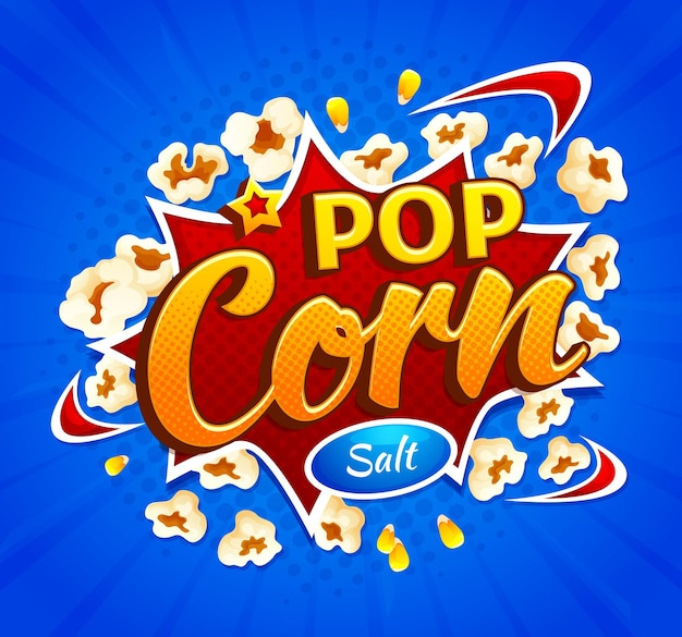 Cartón animado popcorn explosión popcorn bocadillo explosión póster vectorial fondo cine teatro comida bar menú popcorn con sabor a sal en explosión paquete de producto o póster de película de medio tono