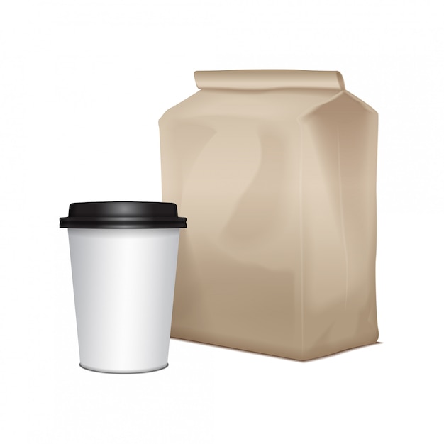 Vector cartón en blanco llevar paquete de almuerzo con una taza de café. empaque para sándwiches, alimentos, otros productos.