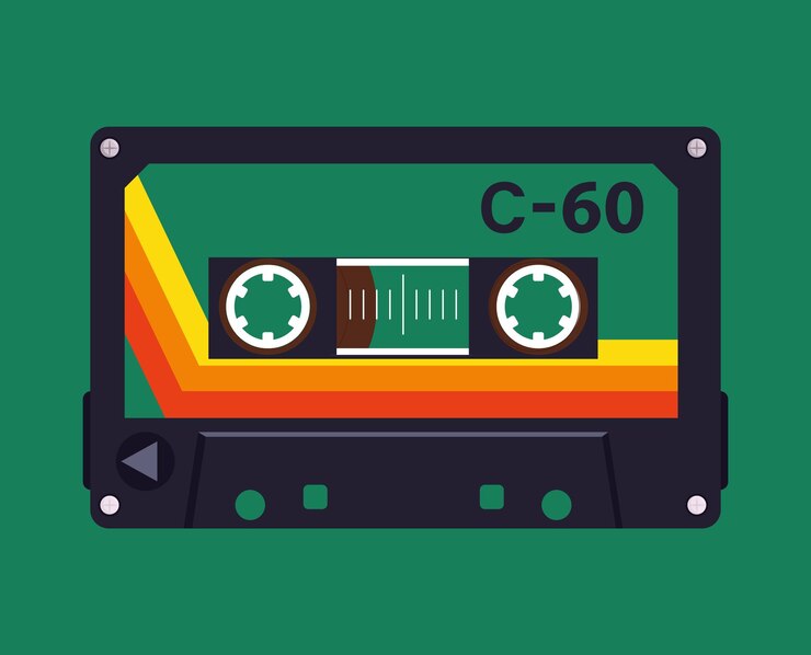 Vector cartón de cinta de música retro poster de cinta de cassette de audio telón de fondo de álbum de música pop diseño de cinta de fondo de vector plano ilustración de cinta de audio de música de la vieja escuela