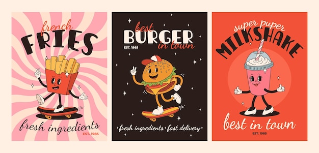 Vector cartón de comida rápida retro groovy tarjetas con personajes de comida mascota diseño de folleto con texto de citas para café banner con funky groovy hamburguesa patatas fritas helado soda entrega de comida rápida