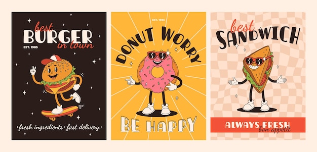 Vector cartón de comida rápida retro groovy tarjetas con personajes de comida mascota diseño de folleto con texto de citas para café banner con funky groovy hamburguesa patatas fritas helado soda entrega de comida rápida