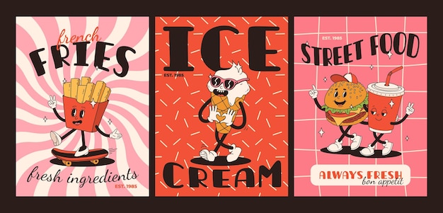 Vector cartón de comida rápida retro groovy tarjetas con personajes de comida mascota diseño de folleto con texto de citas para café banner con funky groovy hamburguesa patatas fritas helado soda entrega de comida rápida