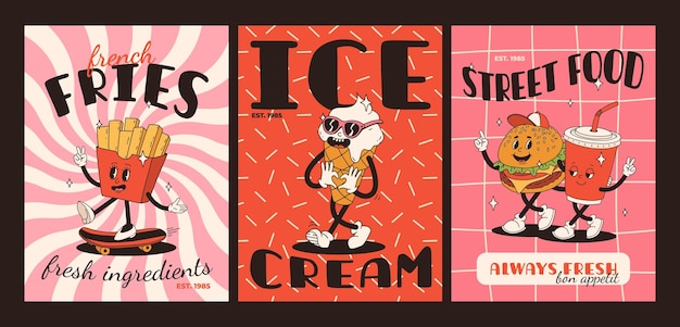 Cartón de comida rápida Retro groovy tarjetas con personajes de comida mascota Diseño de folleto con texto de citas para café Banner con funky groovy hamburguesa patatas fritas helado soda Entrega de comida rápida