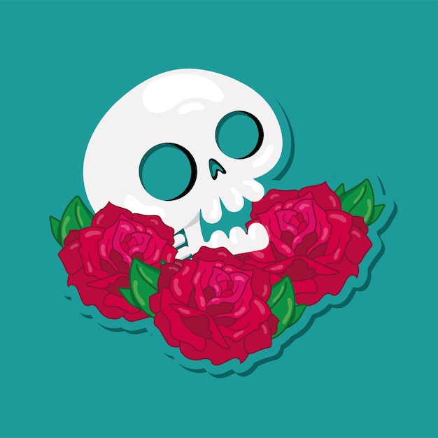 Cartón de cráneo aislado con flores de rosa Ilustración vectorial