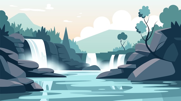 Cartón de paisaje de cascada de fondo cartel póster de diseño plano escena de la naturaleza viaje de aventura