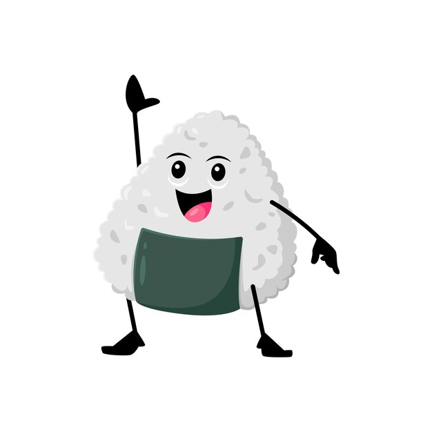 Cartoon alegre onigiri gracioso personaje de comida rápida para llevar Vector aislado personaje de comida japonesa con rostro sonriente feliz hecho de arroz con relleno moldeado en forma de triángulo y nori