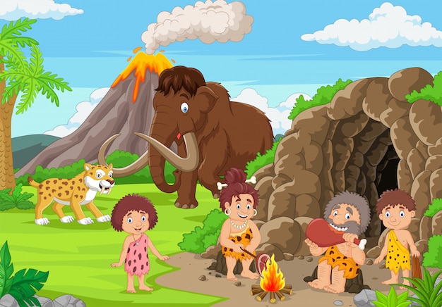 Cartoon antiguos cavernícolas en la edad de piedra con mamut y dientes de sable