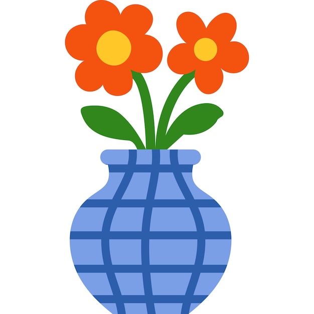 Cartoon blue vase with checkered pattern and orange flowers flat floral illustration
