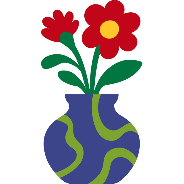 Cartoon blue vase with green wavy pattern and red flowers flat floral illustration