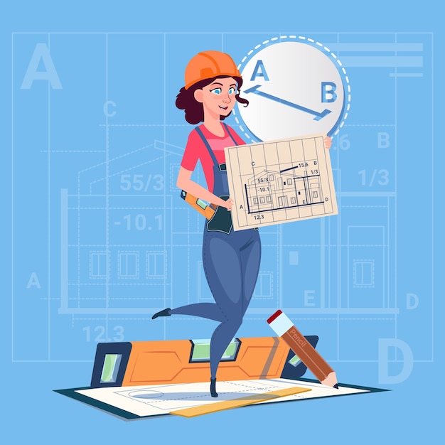 Vector cartoon builder woman hold plan de construcción