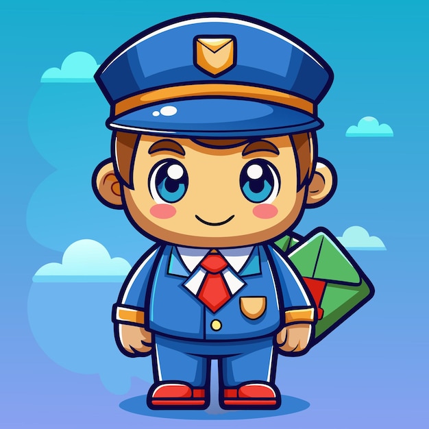 Cartoon cartero en uniforme azul con el correo