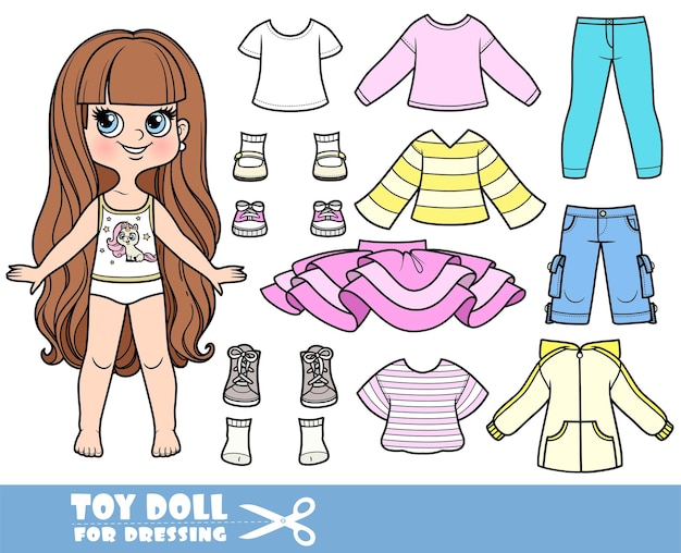 Vector cartoon chica morena de pelo largo y ropa por separado falda tutu camisa de manga larga pantalones cortos jeans y zapatillas de deporte muñeca para vestirse