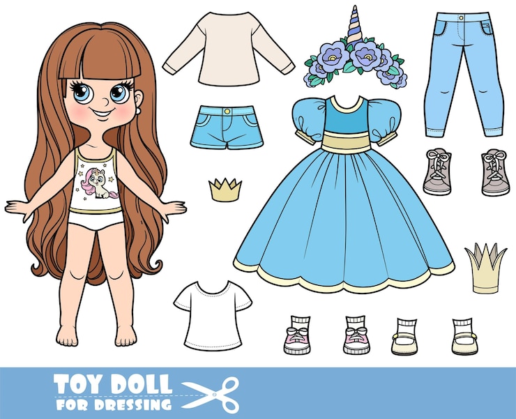 Vector cartoon chica morena de pelo largo y ropa por separado vestido de baile para princesas coronas y tiara camisa pantalones cortos vaqueros y zapatillas de deporte muñeca para vestirse