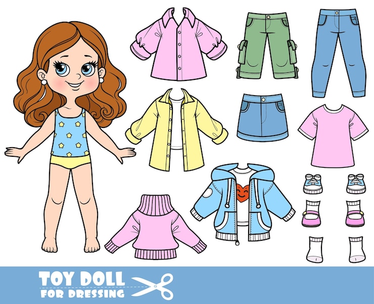 Vector cartoon chica morena y ropa por separado chaqueta de manga larga camisa pantalones cortos falda suéter sandalias vaqueros y zapatillas de deporte