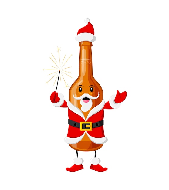 Cartoon Christmas tex mexican mezcal drink personaje en un disfraz de Papá Noel sostiene una chispa ardiente. Botella festiva vectorial personaje de Noel que trae un ambiente animado a la celebración de Navidad o Año Nuevo