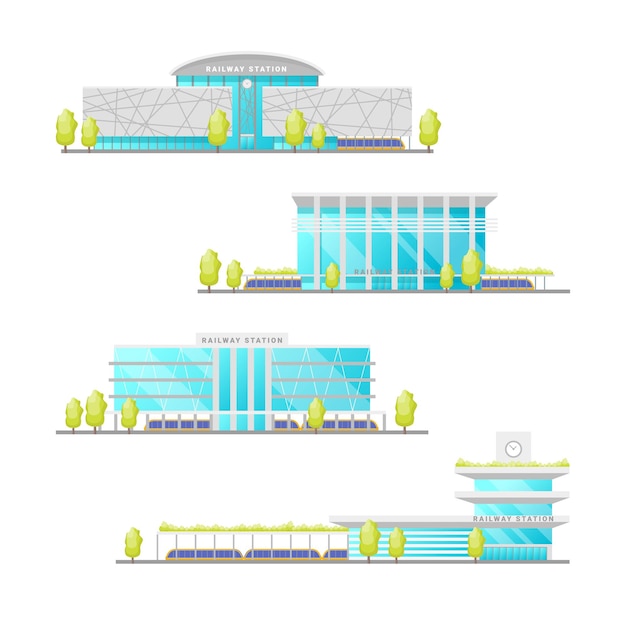 Cartoon Color Edificio de la Estación de Ferrocarril Iconos Conjunto Vector