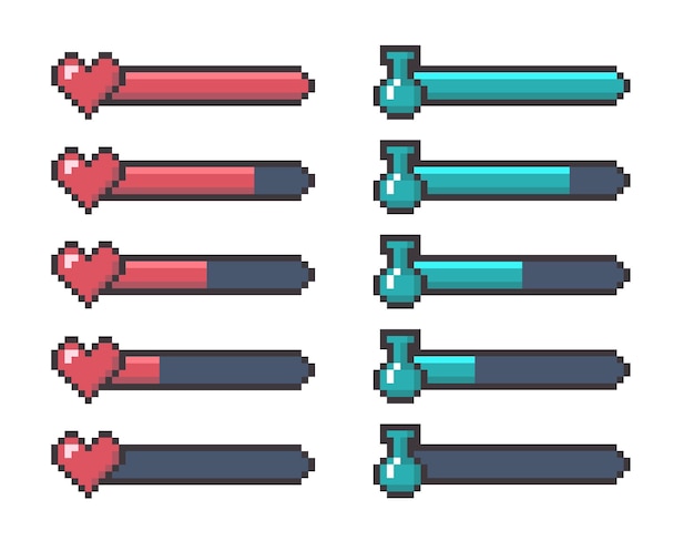 Cartoon Color Pixel Juego UI Corazón y botón de poción Icon Vector