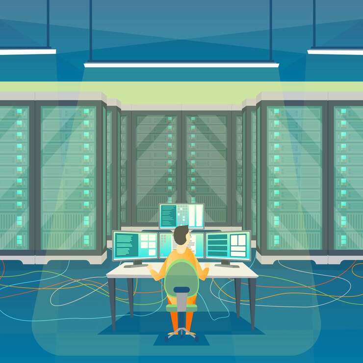 Vector cartoon color server room dentro del interior y el vector de administración