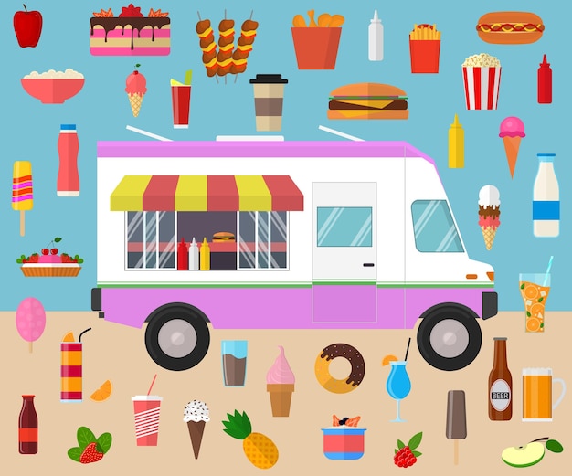 Vector cartoon color wagon track summer food and elements set summertime concept element estilo de diseño plano ilustración vectorial