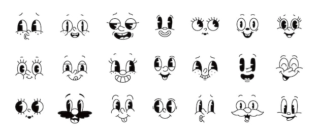 Cartoon cómico cara groovy emociones conjunto vectorial