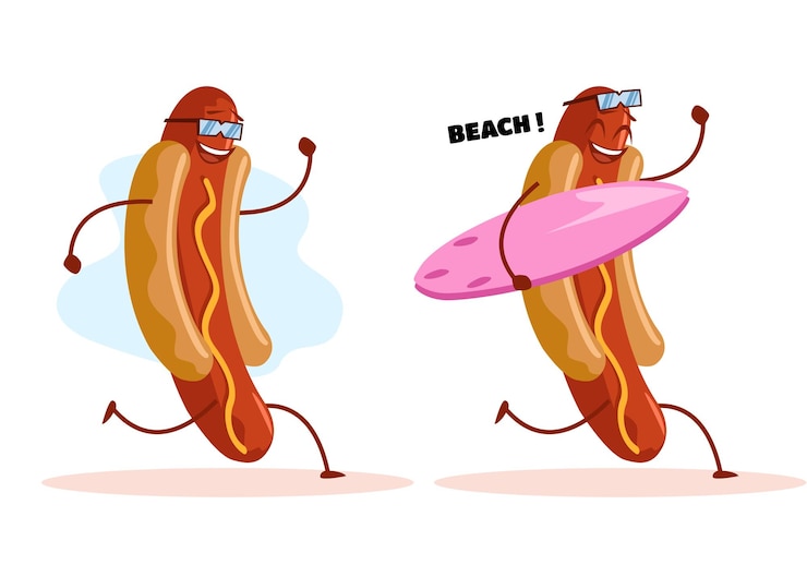 Vector cartoon cool surfing hotdog en la playa personaje