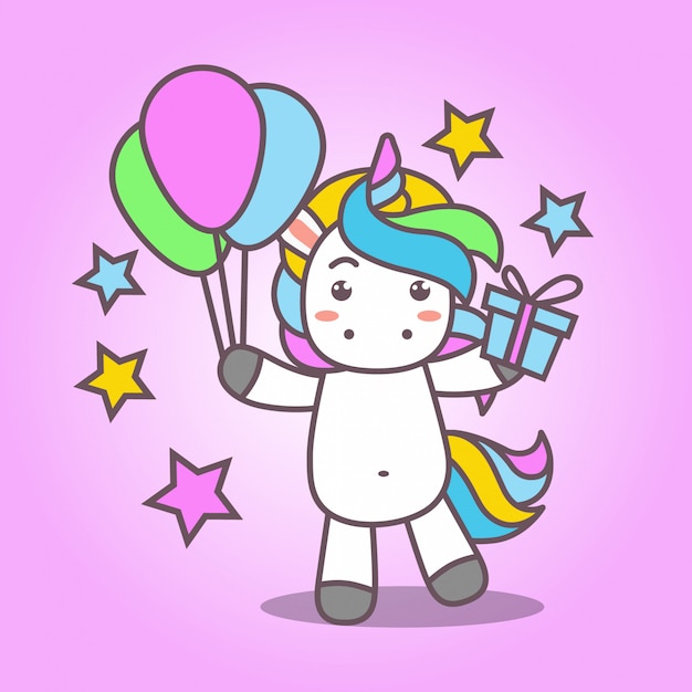 Cartoon_cute kawaii unicorn trae globo y regalo