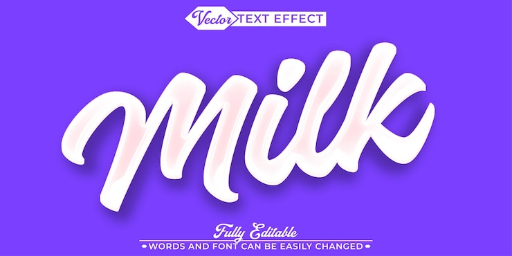Vector cartoon cute sweet milk púrpura y blanco vector modelo de efectos de texto editable