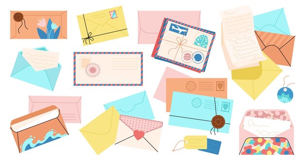 Cartoon diferentes sobres sobre plano con carta y sellos Postcrossing afición correo hecho a mano elementos vintage post decente conjunto vectorial aislado