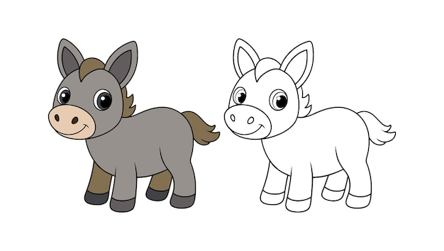 Cartoon Donkey Color and Line Art
