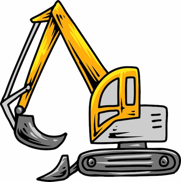Cartoon excavator with long arm and bucket on tracks