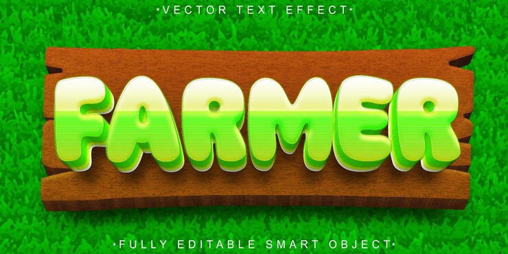 Vector cartoon farmer vector efecto de texto de objeto inteligente totalmente editable