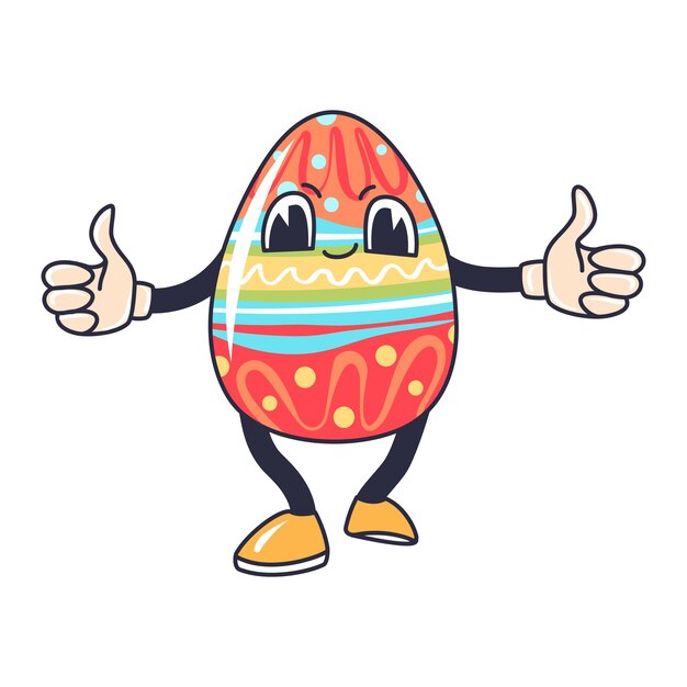 Cartoon feliz pascua huevo groovy personaje de vacaciones personaje aislado en fondo blanco