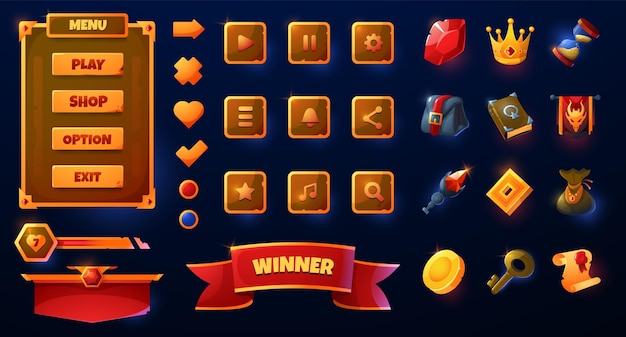 Cartoon game UI Gaming icons buttons user interface elements ribbon banners and navigation button set reward symbols and game menu Vector modern gaming web app GUI