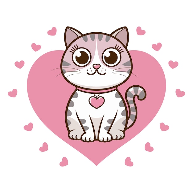 Cartoon gracioso lindo un gato con un corazón que dice un corazón en fondo blanco