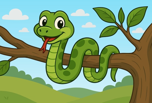 Cartoon Green Snake Smiling on a Tree Branch