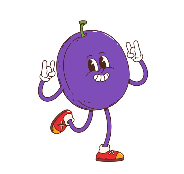 Vector cartoon groovy alegre personaje de la fruta de ciruela