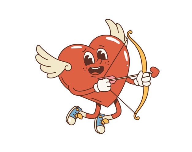 Cartoon groovy Valentine personaje de corazón de querubín