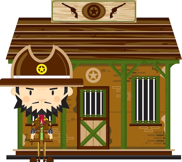 Vector cartoon gunslinging wild west cowboy sheriff con six shooter pistols fuera de la cárcel