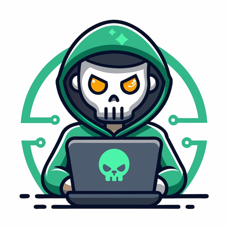 Vector cartoon hacker character con gafas e ilustración de computadora portátil para diseños de tecnología y juegos