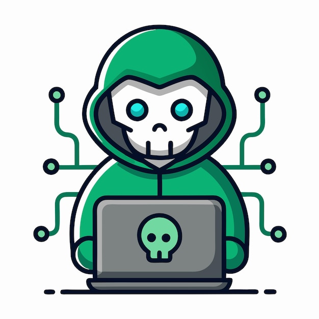 Cartoon Hacker Character con gafas e ilustración de computadora portátil para diseños de tecnología y juegos
